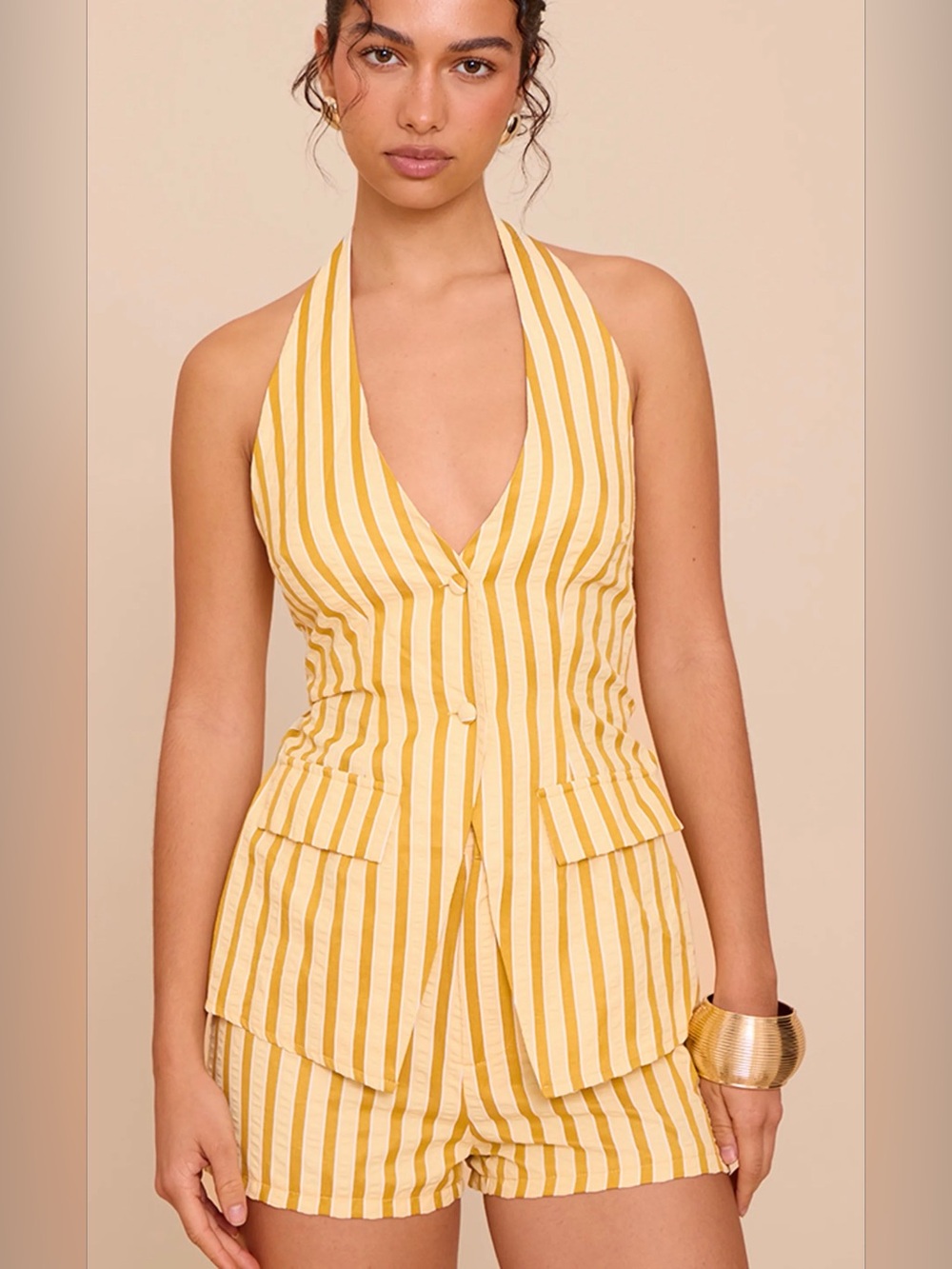 PrettyLittleThing Yellow & Cream Striped Halter Romper